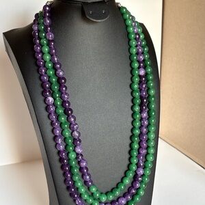 Natural Emerald & Amethyst 3-Strand Gemstone Bead Necklace Statement Jewelry